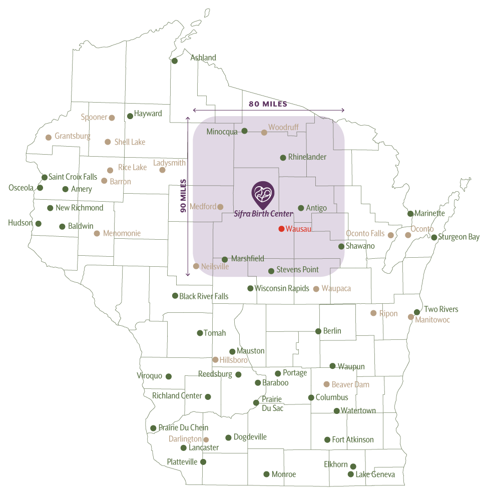 Map of the Northern Wisconsin region Sifra Birth Center will serve, showing rural hospitals still delivering babies in green and those that have stopped offering birth services since 2012 in tan